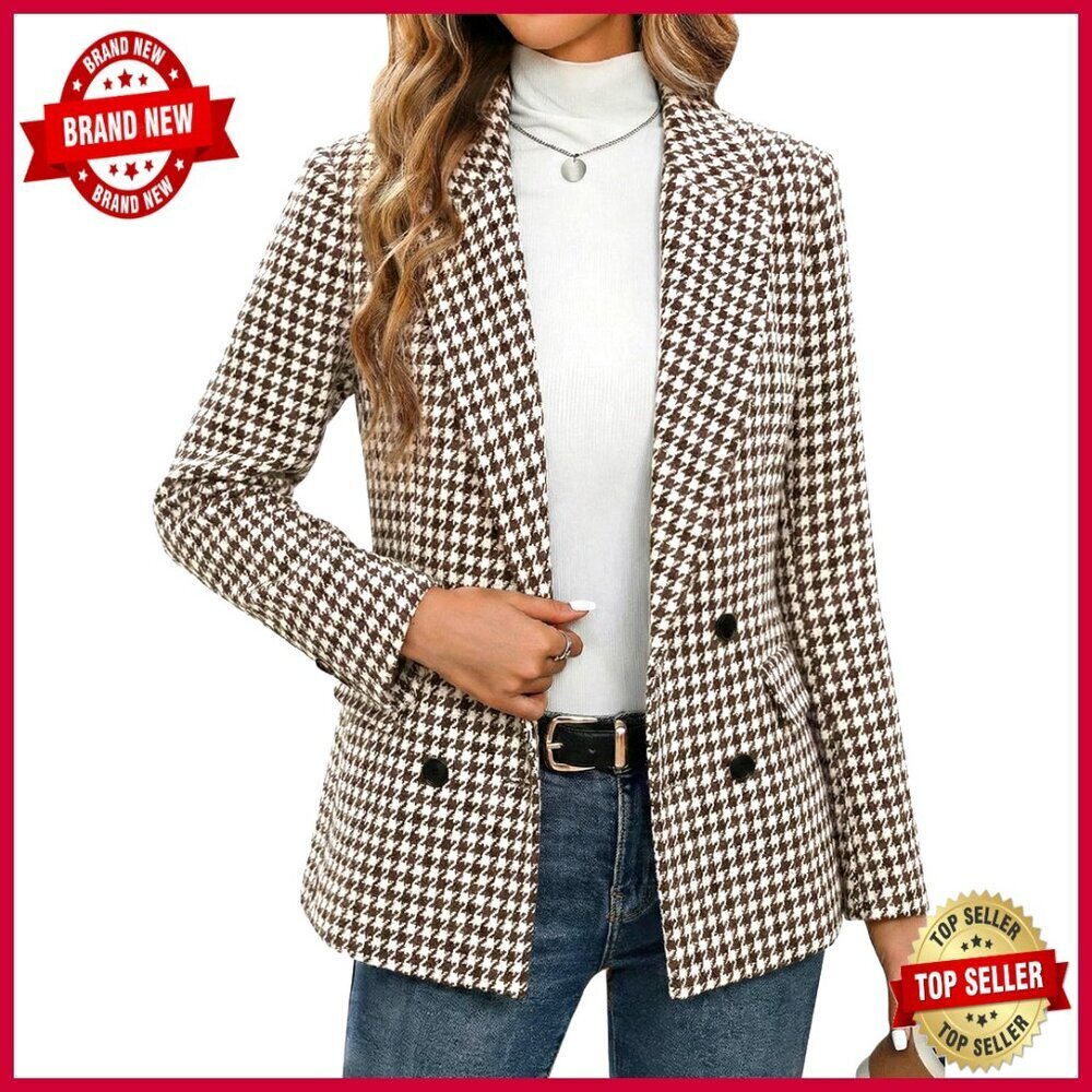 Tweed Houndstooth Blazer Jacket Plaid Fully-Lined Double-Breasted Work Casual
